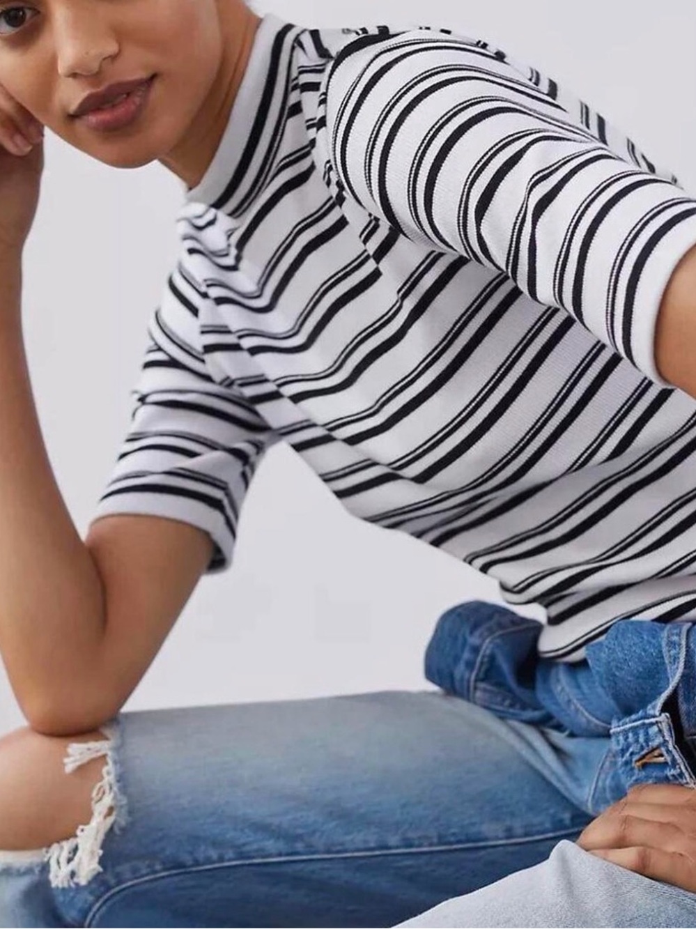 Anthropologie Maeve Striped Mock Neck Ribbed Short Sleeve Top